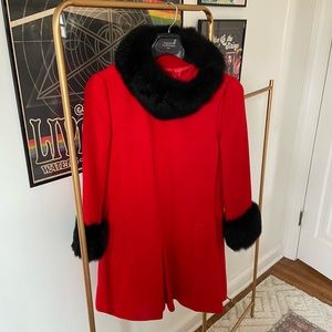 VINTAGE 1960s Modern Deb Red Coat w/ Faux Fur Cuffs